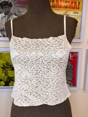 Vintage 90s Coquette Lace Camisole – Y2K Cream Sheer Floral Cami Top